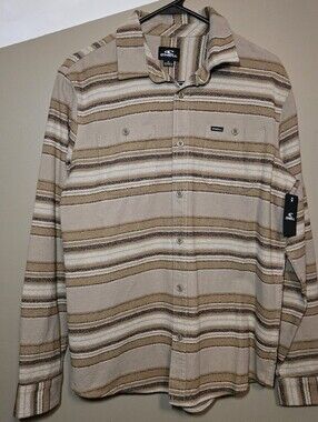 O'Neil Men's Flannel Long Sleeve Full Button Shirt Size Small Brown Beige Stripe